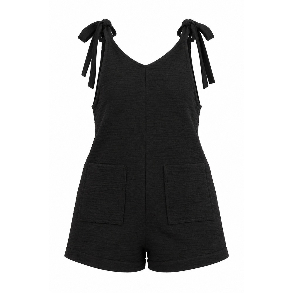Moa Moa Girls Black Tie Shoulder Textured Knit Romper Pockets Size Medium